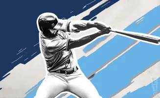 A baseball player in mid-swing, rendered in black and white, against a blue and white background.