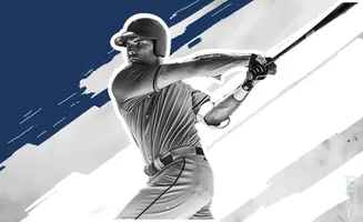 A baseball player in mid-swing against a white and blue abstract background.