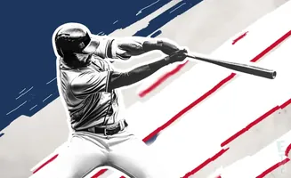 A baseball player in mid-swing against a backdrop of red, white, and blue streaks.