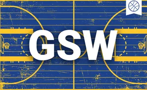 A stylized basketball court in blue with yellow lines and a basketball icon in the top right corner.