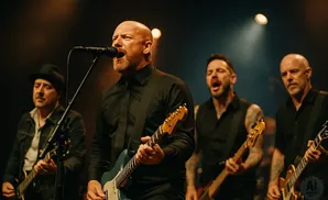 A band performs on stage with the lead singer in the foreground, microphone in hand, and other band members playing guitars.