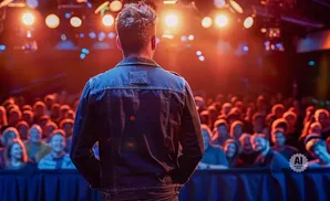 A person in a denim jacket faces away from the camera, looking out at a cheering crowd in a concert venue.
