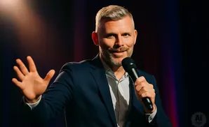 A man in a suit and white shirt smiles, holding a microphone and waving with his left hand.