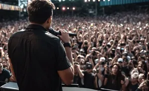A performer in a black shirt holds a microphone, facing a large, cheering crowd at an outdoor concert.