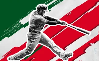 A baseball player swings a bat against a backdrop of bold red and green stripes.