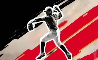 A baseball pitcher in mid-throw against a graphic background of black, red, and beige diagonal stripes.