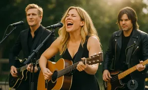 A band performs outdoors, with a female singer in the center playing an acoustic guitar and two men playing electric guitars.