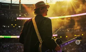 Guitarist on stage under bright lights, playing at a stadium concert.