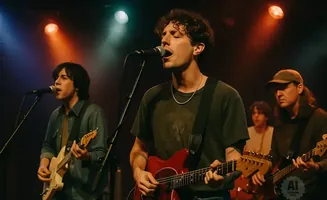 A band performs on a dimly lit stage under colored lights, with singers and guitarists in the foreground.