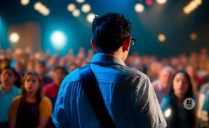 A person in a blue shirt faces away from the camera, addressing a blurred audience in a dimly lit room.