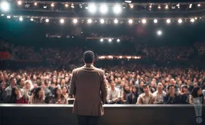 A speaker in a brown suit addresses a large, seated audience from a stage under bright lights.