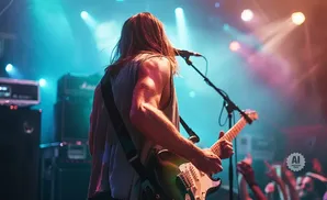 A guitarist plays on a stage with blue and pink spotlights, with amps behind them.