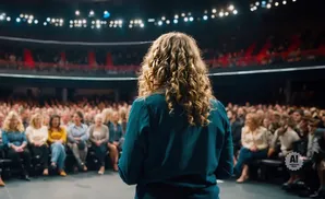 Woman with curly blonde hair speaks to a large, seated audience in an auditorium.