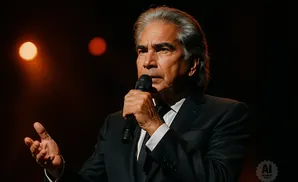 A man in a suit speaks into a microphone on a dark stage with orange spotlight effects.