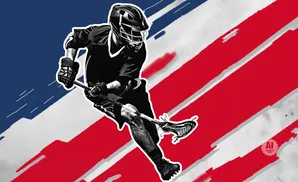 A lacrosse player in action against a stylized American flag background.