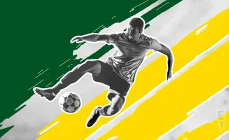 A soccer player in mid-air kicks a ball against a background of green and yellow stripes.