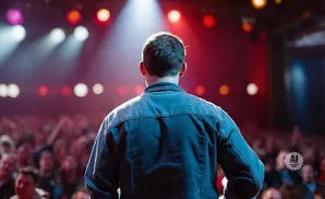 A person in a denim jacket stands on stage facing a blurred crowd.