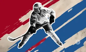 Ice hockey player in mid-action against a red, white, and blue abstract background.