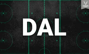 Hockey rink markings on a textured black surface, with a green banner featuring crossed hockey sticks in the top right corner.