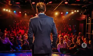 A man in a suit stands on stage, facing away from the camera, addressing a large, dimly lit audience.