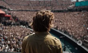 Back view of a person with short, wavy hair on a stage facing a large crowd in a stadium.