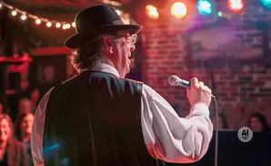 A man in a hat and vest sings into a microphone on stage, with blurred audience and colorful stage lights.