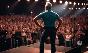 Man in teal shirt and jeans on stage with hands on hips, facing a large cheering crowd.