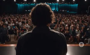 Man with curly hair at a podium, facing a large audience in a darkened auditorium.