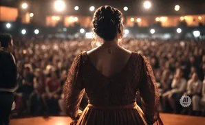 A woman in a sequined dress facing a large audience in a theater.