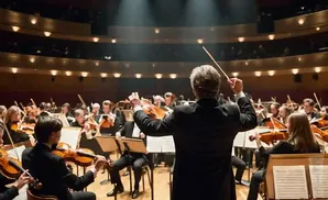 Conductor leading an orchestra in a concert hall.