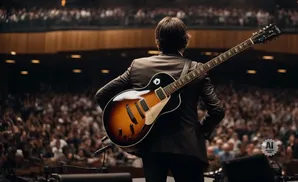 Man in suit plays guitar on stage in front of a large audience.