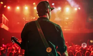 Musician on stage wearing a cap and guitar strap, facing away from camera towards a red-lit audience.