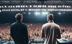 Two DJs stand on stage, facing a massive, cheering crowd under bright stage lights.