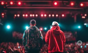 Two people in hoodies and baseball caps stand on a stage, facing away from the camera, with a blurred crowd and bright stage lights behind them.