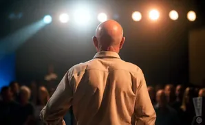A bald man in a light brown shirt stands with his back to the camera, facing a bright stage with an audience.