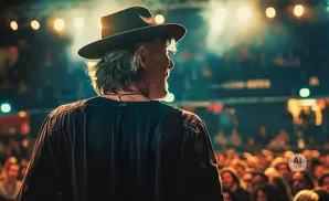 A man in a hat on stage at a concert, facing away from the camera with the audience in the background.
