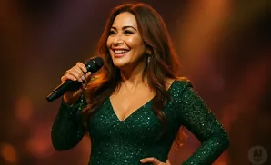 A woman in a green sequined dress sings into a microphone, smiling broadly.