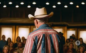 Man in cowboy hat and American flag-patterned shirt faces audience.