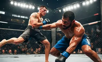 Two MMA fighters in a cage, one throwing a punch while the other dodges.