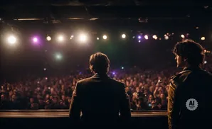 Two people on stage facing a large audience under stage lights.