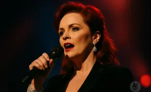 Woman with red hair sings into a microphone, wearing a black jacket and sparkling earrings.