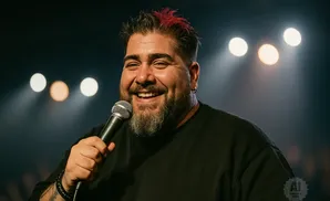 A man with red-tipped hair, a beard, and a black shirt holds a microphone and smiles at the camera.