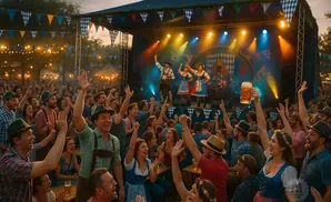 A crowd enjoys a lively outdoor festival with a band on stage, people in traditional Bavarian attire, and a person holding up a beer.