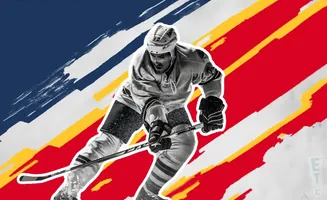 Hockey player in action with a stylized, abstract background of red, yellow, and blue brushstrokes.