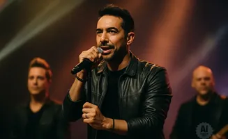 A male singer in a black leather jacket holds a microphone on stage, with bandmates blurred in the background.