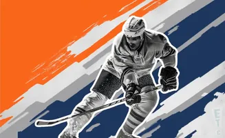 A hockey player in mid-action on a graphic background with orange, blue, and white stripes.