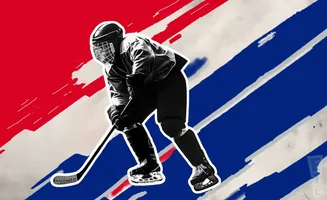 A hockey player in black and white on a red, white, and blue striped background.
