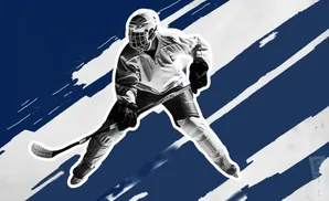 A black and white hockey player in uniform skates with a stick, on a blue background with white diagonal stripes.