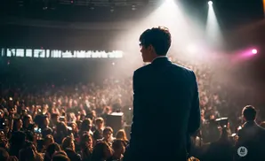 A speaker in a suit addresses a large, cheering audience under bright spotlights at a concert or event.