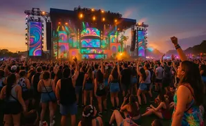 A large crowd enjoys a vibrant outdoor music festival with a colorful stage and sunset sky.